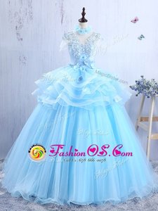 Organza Short Sleeves Floor Length Prom Dress and Appliques and Ruffles