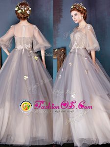 New Style Scoop Half Sleeves Zipper Floor Length Appliques Prom Gown