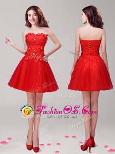 Beautiful Red A-line Tulle Sweetheart Sleeveless Beading and Appliques Mini Length Lace Up Prom Party Dress