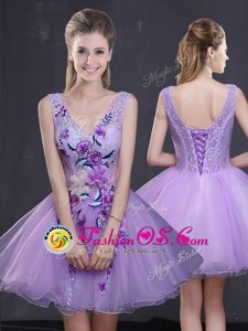Great Lavender Sleeveless Lace and Appliques Mini Length Homecoming Dress
