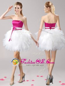 Sleeveless Mini Length Ruffles and Bowknot Lace Up Homecoming Dress with Pink And White