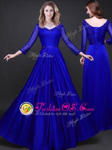 Wonderful V-neck Long Sleeves Elastic Woven Satin Prom Gown Appliques and Belt Lace Up