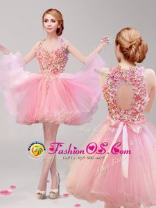 Cute Pink A-line Halter Top Sleeveless Tulle Mini Length Backless Ruffles and Hand Made Flower Dress for Prom