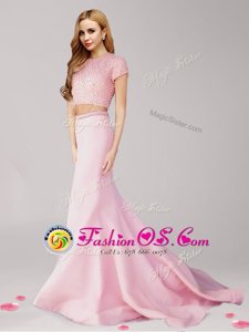 Adorable Scoop Pink Column/Sheath Beading Prom Party Dress Zipper Satin Short Sleeves With Train