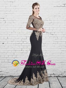 Fancy Mermaid Scoop Black Elastic Woven Satin Lace Up Prom Dress Long Sleeves With Brush Train Appliques