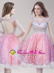Lace Knee Length Pink And White Prom Party Dress Scoop Sleeveless Backless