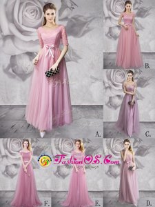 Deluxe Scoop Lilac Half Sleeves Floor Length Lace and Ruching and Bowknot and Belt and Hand Made Flower Lace Up Dress for Prom