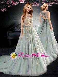 Scoop Sleeveless Tulle With Brush Train Backless in Apple Green for with Appliques and Bowknot
