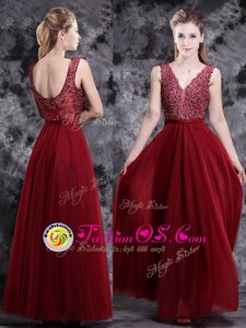 Wine Red V-neck Side Zipper Beading Prom Dresses Sleeveless