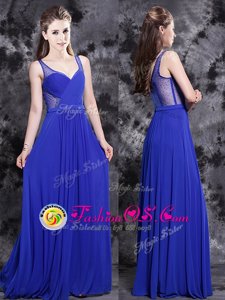 Superior Sleeveless Floor Length Beading Side Zipper Prom Evening Gown with Royal Blue