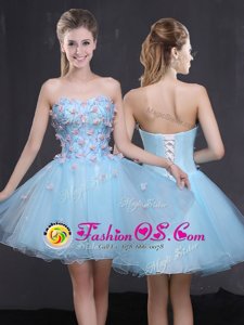 Custom Made Light Blue Lace Up Appliques Sleeveless Mini Length