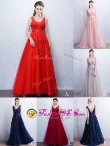 New Arrival Sleeveless Brush Train Appliques and Belt Backless Evening Dress