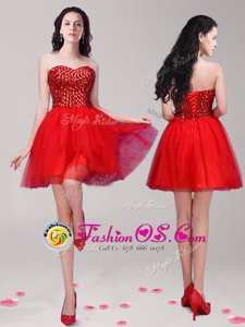 Red Tulle Lace Up Evening Dress Sleeveless Mini Length Beading