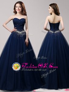 Excellent Floor Length Navy Blue Prom Gown Sweetheart Sleeveless Lace Up