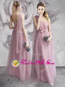 One Shoulder Sleeveless Lace Up Floor Length Ruching and Bowknot and Hand Made Flower Prom Dress