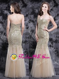 Mermaid Champagne Sleeveless Tulle Zipper Prom Gown for Prom