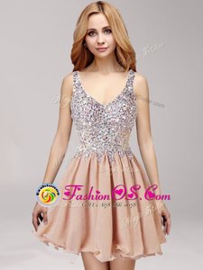 Beauteous Champagne Club Wear Prom and Party and For with Beading and Ruffles Straps Sleeveless Zipper