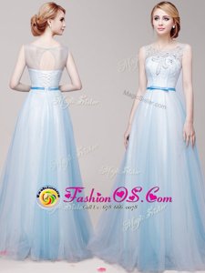 Stunning Scoop Sleeveless Tulle Floor Length Lace Up Prom Party Dress in Light Blue for with Appliques and Bowknot
