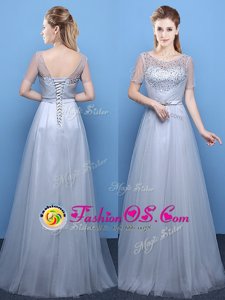 Best Scoop Floor Length Empire Short Sleeves Grey Prom Dress Lace Up