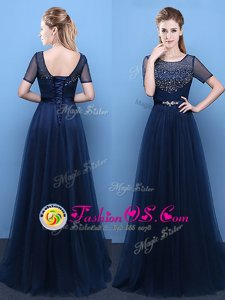 Artistic Scoop Beading Dress for Prom Navy Blue Lace Up Short Sleeves Floor Length