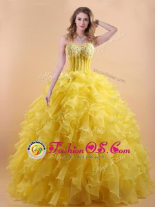 Hot Sale Gold Organza Lace Up Quinceanera Dress Sleeveless Floor Length Appliques and Ruffles