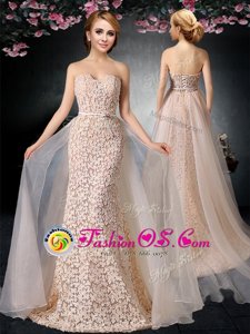 New Arrival Lace and Belt Dress for Prom Peach Lace Up Sleeveless With Brush Train