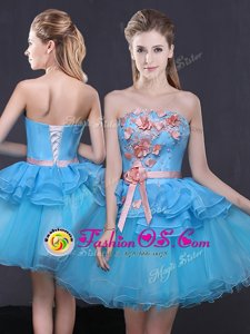 Graceful Blue Tulle Lace Up Sleeveless Mini Length Hand Made Flower