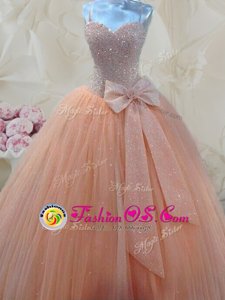 Peach Spaghetti Straps Neckline Beading and Bowknot Sleeveless Lace Up