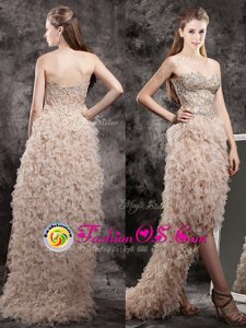 Noble Champagne Zipper Prom Dresses Appliques and Ruffles Sleeveless High Low