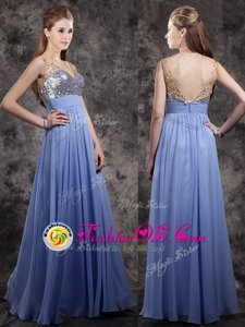 Customized Lavender Sleeveless Beading and Sequins Floor Length Prom Dress