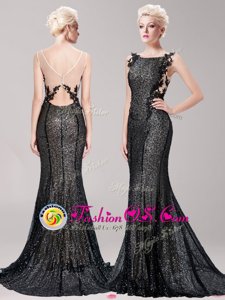 Mermaid Black Sequined Clasp Handle Square Sleeveless With Train Homecoming Dress Brush Train Appliques and Sequins