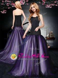 Edgy With Train Lace Up Oscars Dresses Black and Purple and In for Prom and Party with Ruching Brush Train
