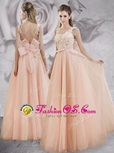 Straps Peach Sleeveless Tulle Lace Up Homecoming Dress for Prom and Party