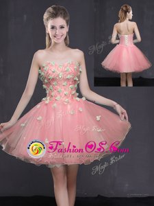 Modern Pink A-line Appliques Prom Dresses Lace Up Organza Sleeveless Mini Length