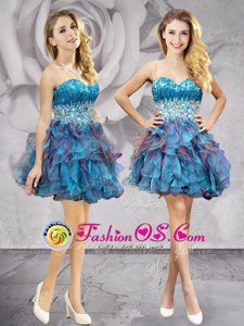 Popular Sleeveless Mini Length Beading and Ruffles Lace Up Cocktail Dresses with Multi-color