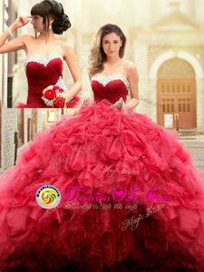 Admirable Red Tulle Lace Up Ball Gown Prom Dress Sleeveless Floor Length Beading and Ruffles