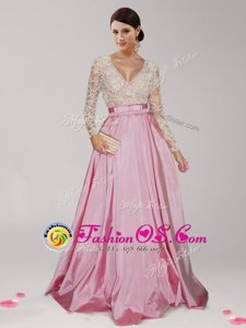 V-neck Long Sleeves Taffeta Prom Evening Gown Beading and Belt Zipper