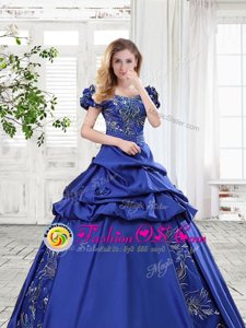 New Style Off the Shoulder Cap Sleeves Lace Up Floor Length Appliques and Pick Ups and Bowknot 15 Quinceanera Dress