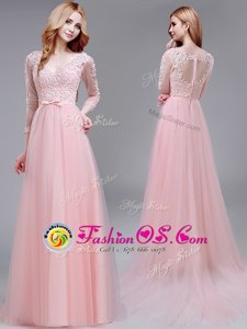 Baby Pink Tulle Zipper V-neck 3|4 Length Sleeve With Train Prom Evening Gown Brush Train Lace and Bowknot