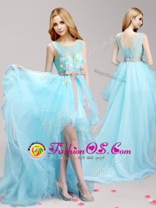 Hot Sale Scoop Sleeveless Homecoming Dress High Low Appliques and Bowknot Aqua Blue Tulle