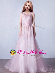 Edgy Tulle Scoop Sleeveless Brush Train Zipper Appliques and Hand Made Flower Dress for Prom in Pink