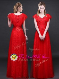 Super Lace Short Sleeves Appliques and Belt Zipper Red Carpet Prom Dress