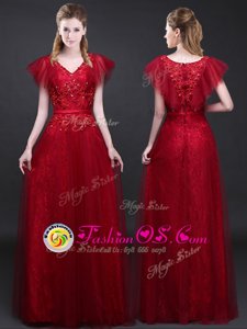 Short Sleeves Tulle and Lace Floor Length Zipper Prom Dresses in Wine Red for with Appliques and Belt