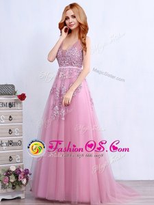 Fantastic Pink Empire V-neck Sleeveless Tulle With Brush Train Backless Appliques and Belt Prom Dress