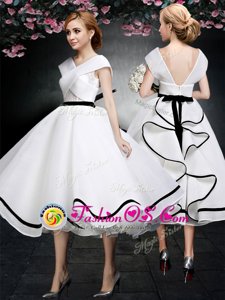 White Cap Sleeves Lace Tea Length Evening Dress