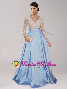 Pretty Light Blue Empire Beading and Belt Zipper Taffeta Long Sleeves Floor Length