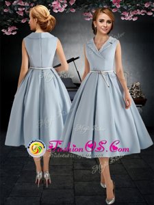Light Blue A-line V-neck Sleeveless Taffeta Tea Length Zipper Belt Mother Of The Bride Dress