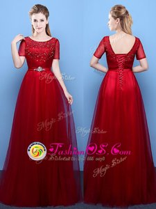 Scoop Wine Red Empire Beading Dress for Prom Lace Up Tulle Short Sleeves Floor Length