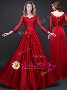 Best Selling Floor Length Empire Long Sleeves Wine Red Prom Party Dress Lace Up