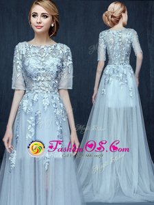 Most Popular Scoop Light Blue Zipper Prom Evening Gown Appliques Half Sleeves With Brush Train